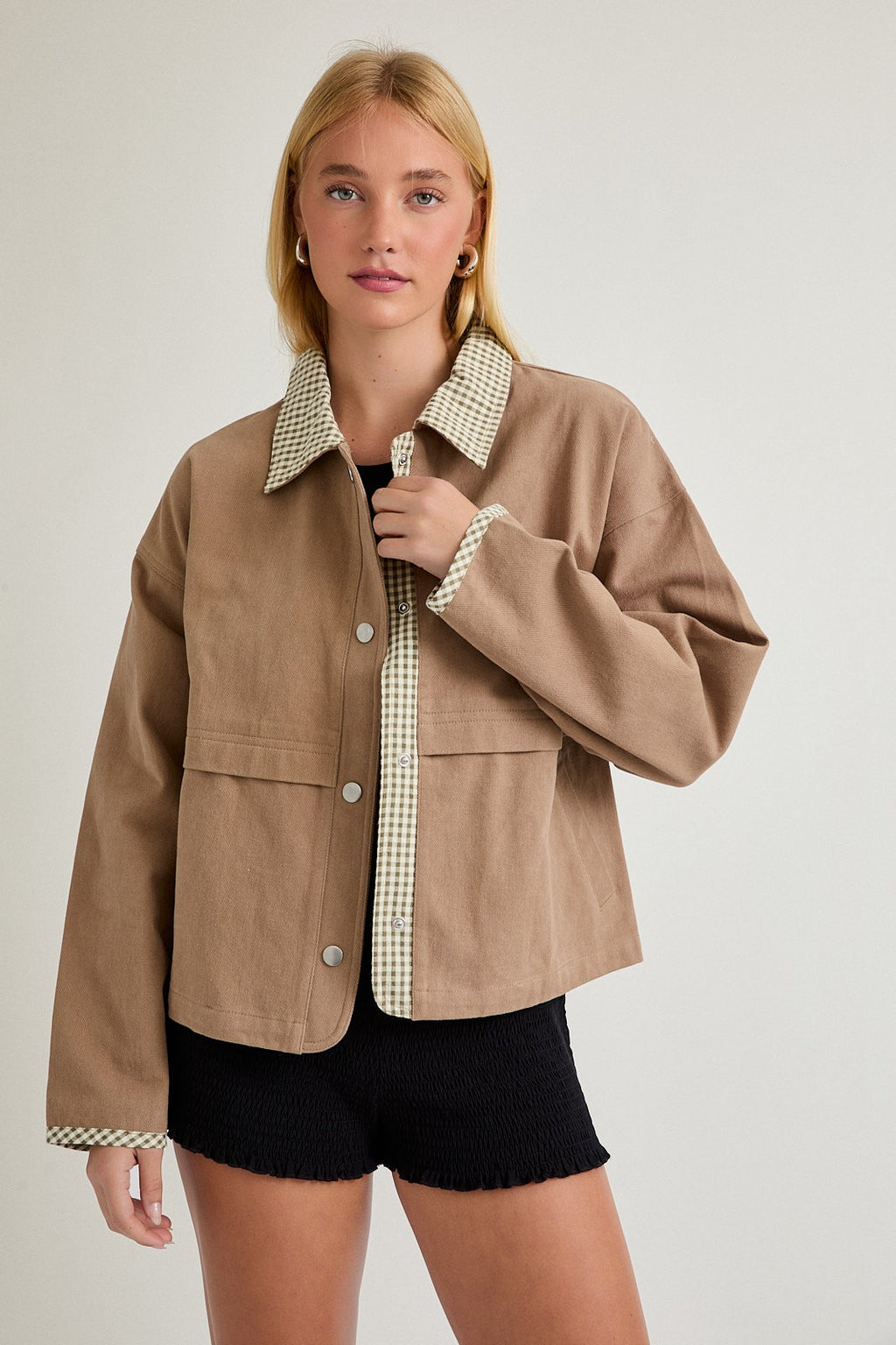 Long Sleeve Button Down Gingham Contrast Trim Shacket Taupe