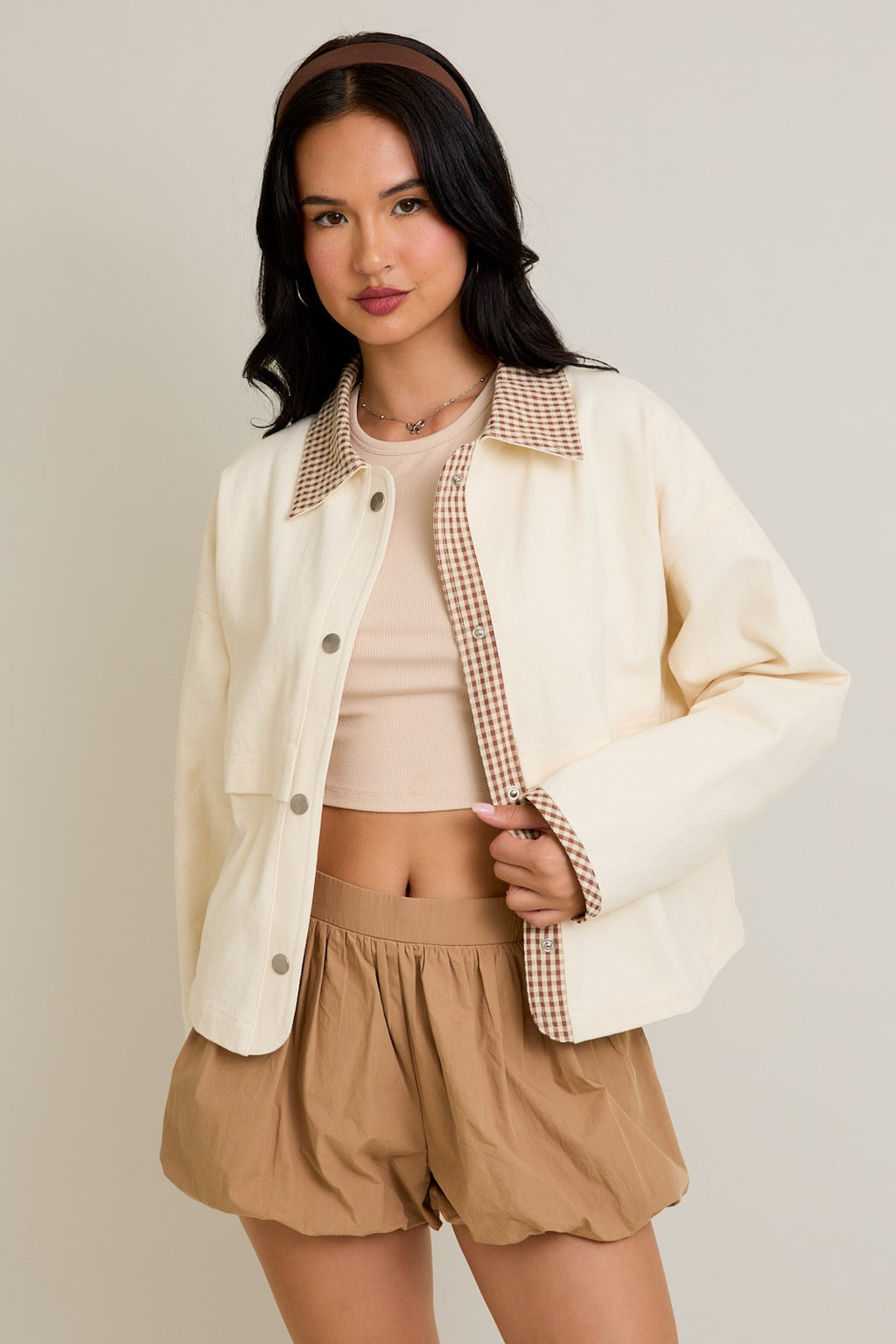 Long Sleeve Button Down Gingham Contrast Trim Shacket Cream