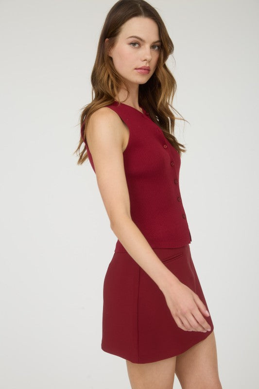 Sleeveless Button Down Knit Top Burgundy