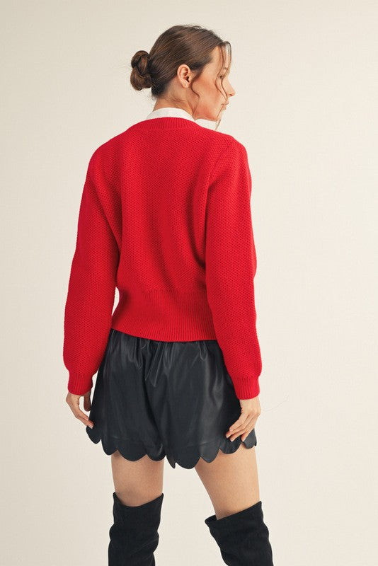 Long Sleeve Button Down Flower Patch Cardigan Red