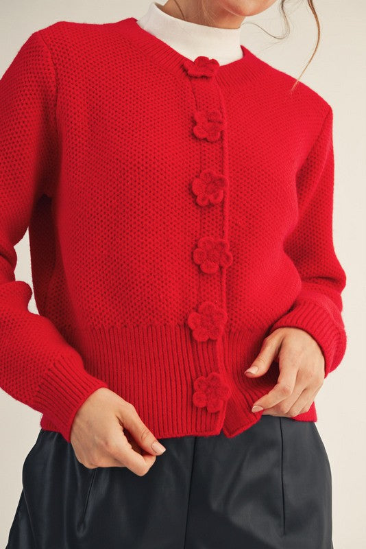 Long Sleeve Button Down Flower Patch Cardigan Red