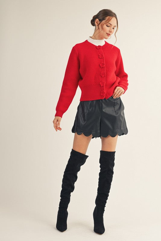 Long Sleeve Button Down Flower Patch Cardigan Red