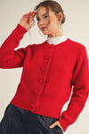 Long Sleeve Button Down Flower Patch Cardigan Red
