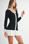 Long Sleeve Faux Button Knit Mini Dress Black