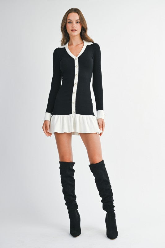 Long Sleeve Faux Button Knit Mini Dress Black