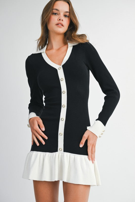 Long Sleeve Faux Button Knit Mini Dress Black