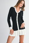 Long Sleeve Faux Button Knit Mini Dress Black