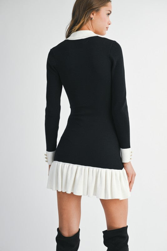 Long Sleeve Faux Button Knit Mini Dress Black