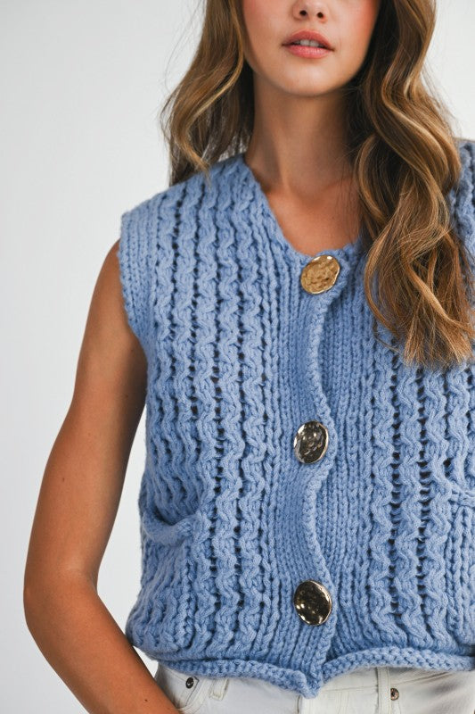 Sleeveless Chunky Button Down Knit Vest Blue