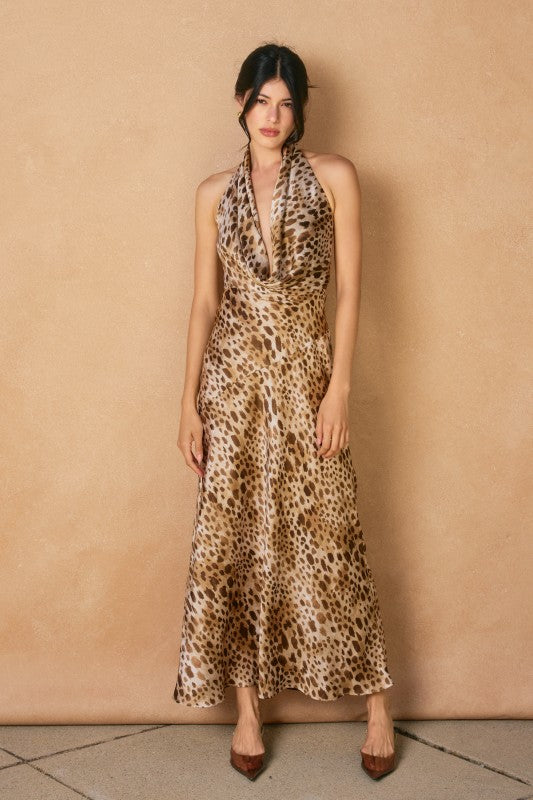 Sleeveless Halter Animal Print Maxi Dress Brown