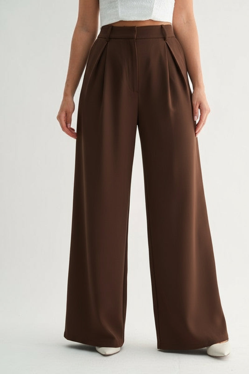 High Waist Pleated Wide Leg Pants Brown