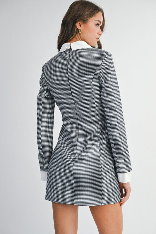 Long Sleeve Contrast Gingham Print Mini Dress Black