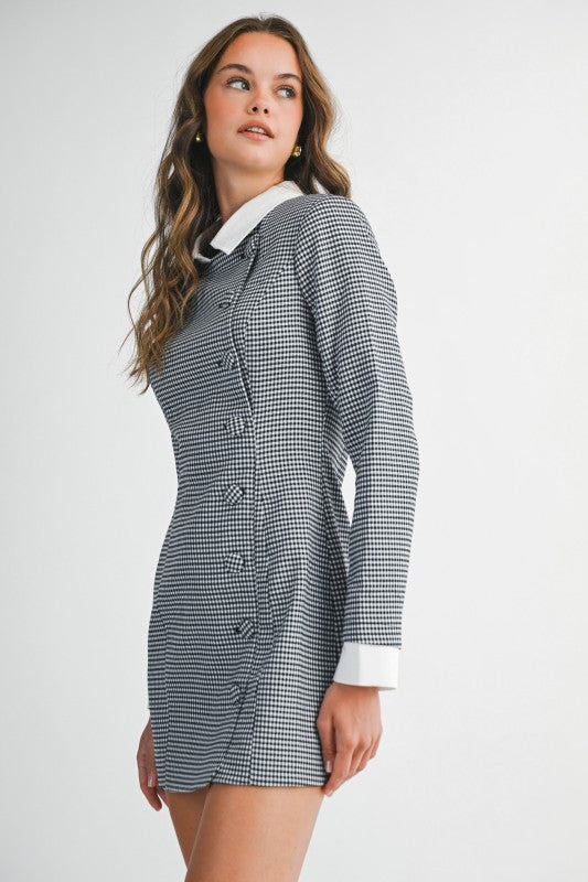 Long Sleeve Contrast Gingham Print Mini Dress Black