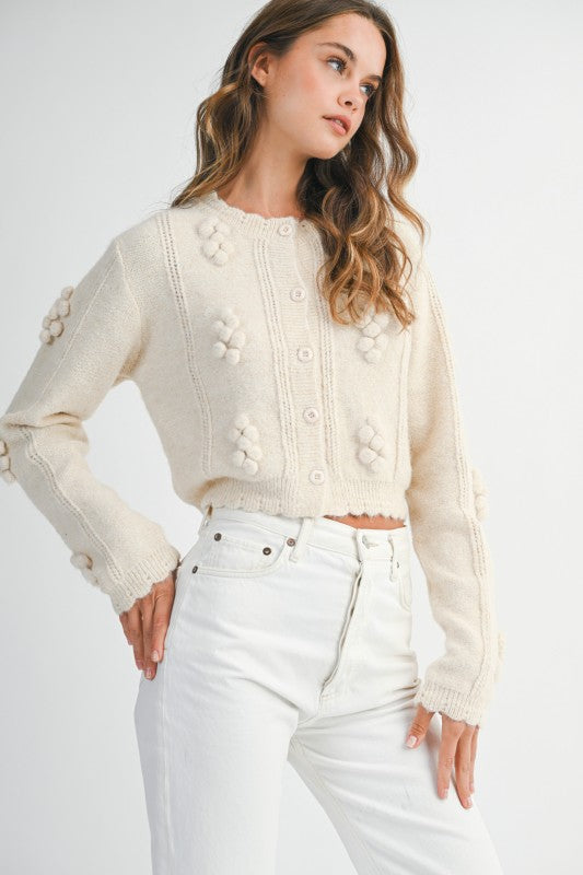 Gabby Long Sleeve Pom Pom Crop Cardigan Cream - Main Image