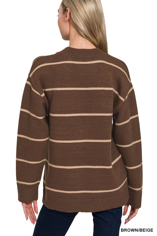 Long Sleeve Stripe Print Knit Sweater Brown