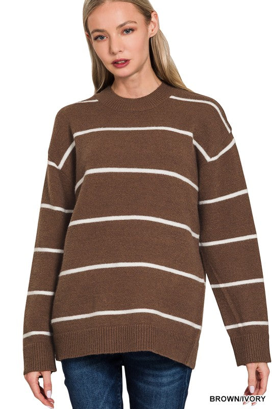 Long Sleeve Stripe Print Knit Sweater Brown