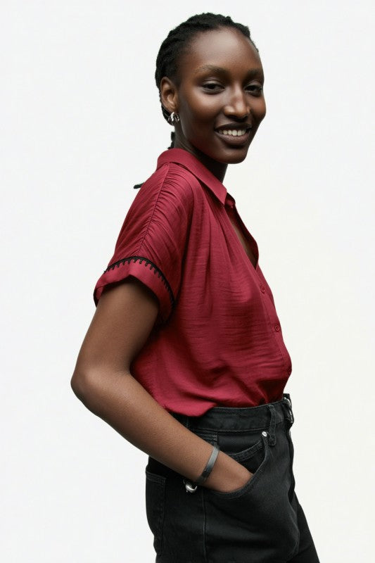 Short Sleeve Button Down Satin Top Red