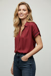 Short Sleeve Button Down Satin Top Red