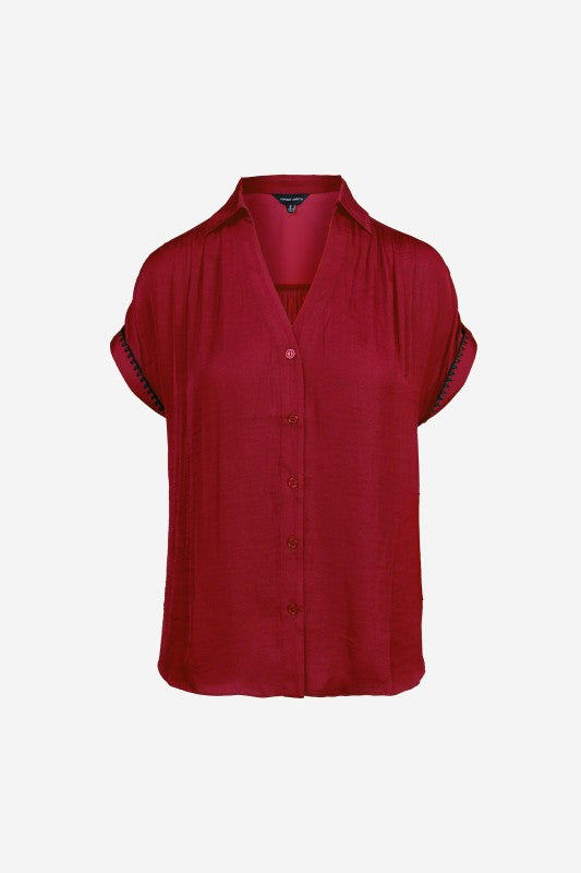 Short Sleeve Button Down Satin Top Red