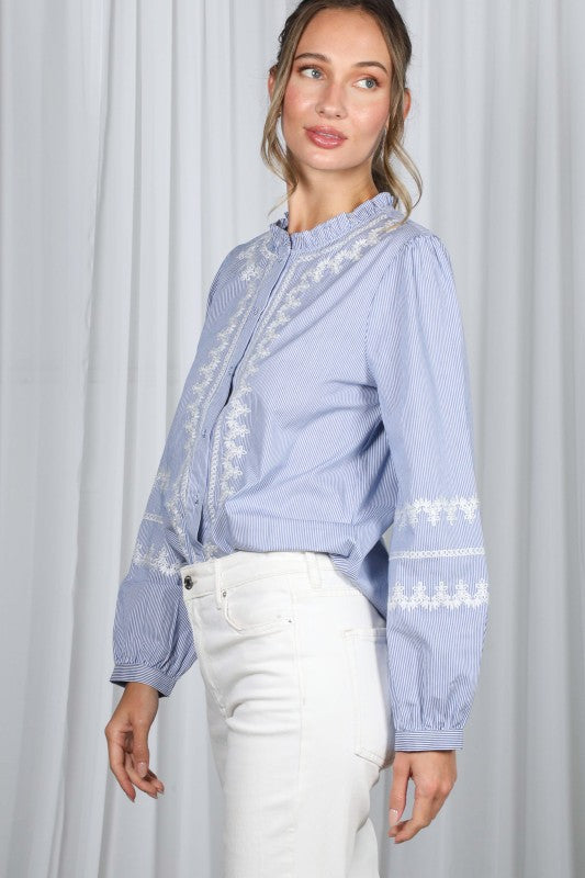  Long Sleeve Embroidered Top Blue