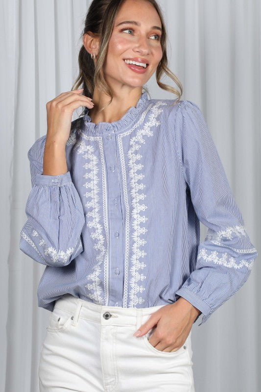  Long Sleeve Embroidered Top Blue