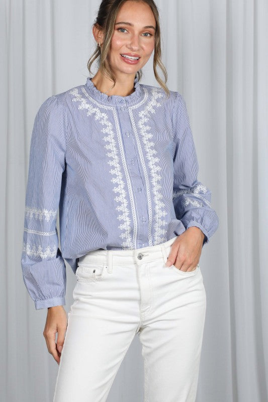  Long Sleeve Embroidered Top Blue