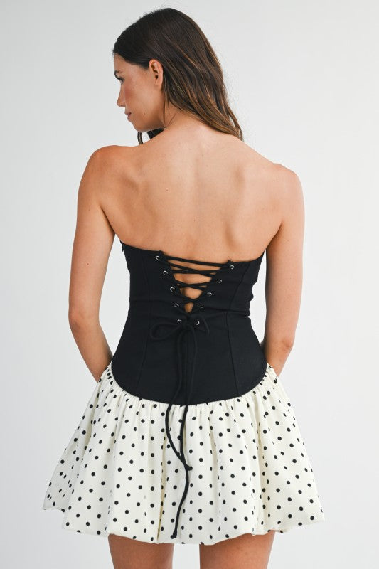 Sleeveless Polka Dot Print Bubble Mini Dress Black