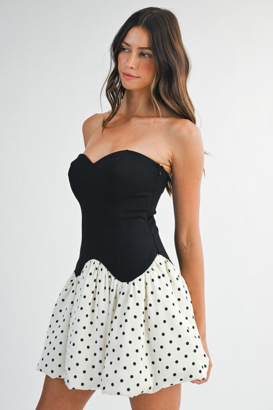 Sleeveless Polka Dot Print Bubble Mini Dress Black