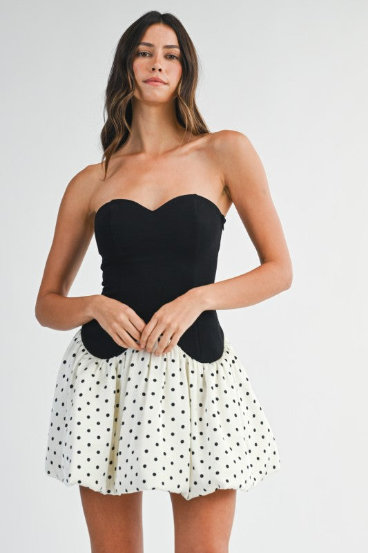 Sleeveless Polka Dot Print Bubble Mini Dress Black