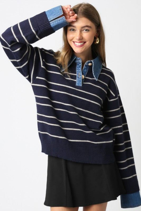 Long Sleeve Collar Denim Stripe Print Sweater Navy
