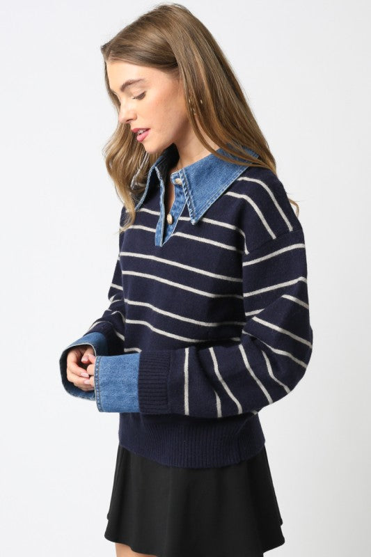 Long Sleeve Collar Denim Stripe Print Sweater Navy