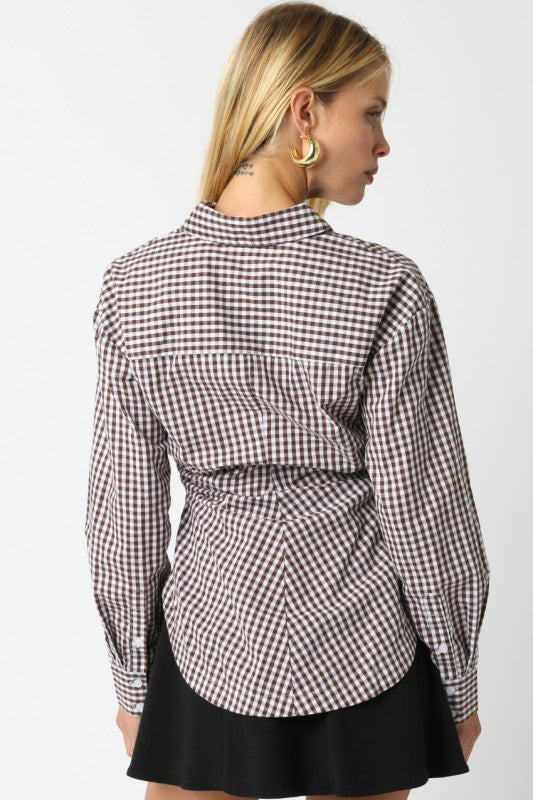 Long Sleeve Button Down Gingham Print Top Black