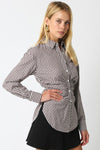 Long Sleeve Button Down Gingham Print Top Black