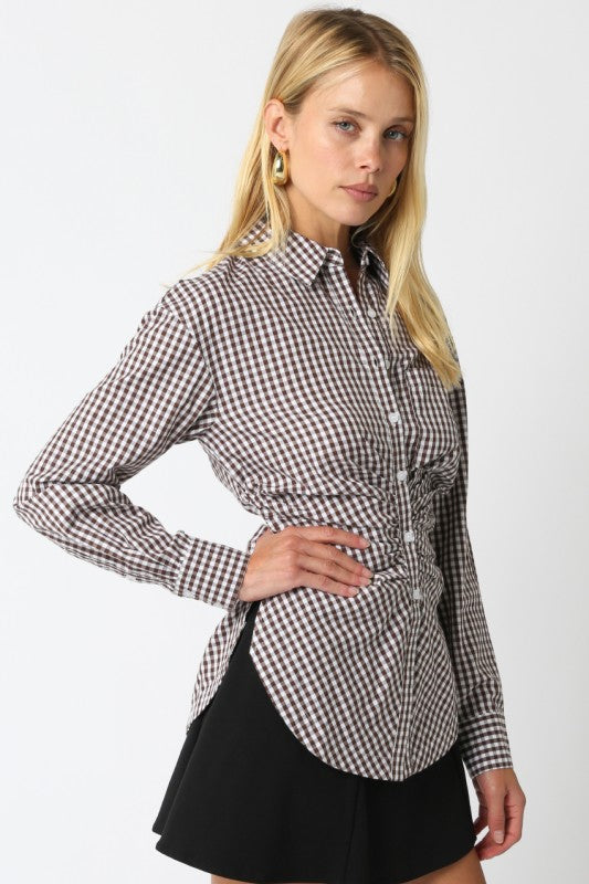 Long Sleeve Button Down Gingham Print Top Black