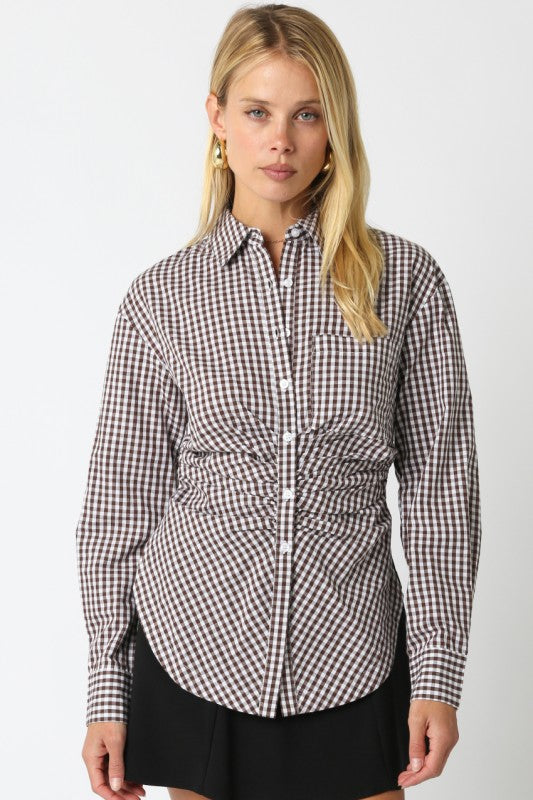 Long Sleeve Button Down Gingham Print Top Black