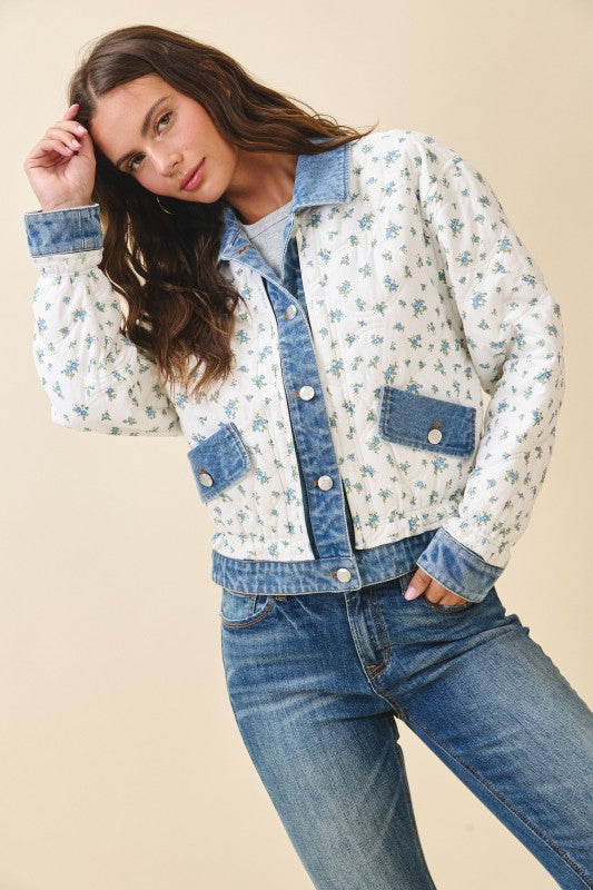 Long Sleeve Quilted Floral Print Denim Trim Jacket White