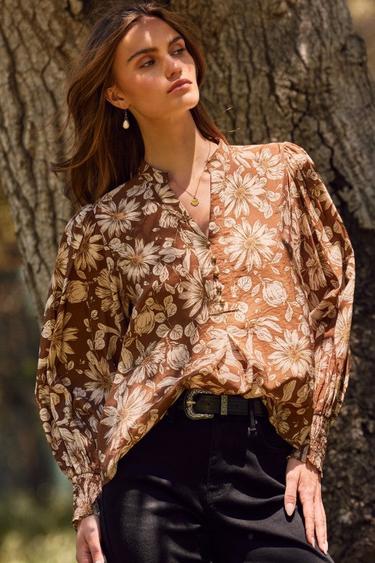 Long Sleeve Floral Print Top Brown