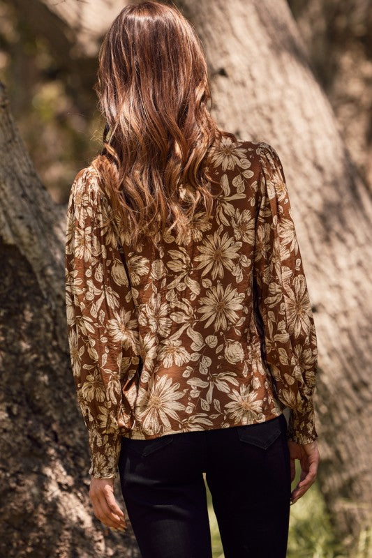 Long Sleeve Floral Print Top Brown
