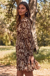 Long Sleeve Floral Print Mini Dress Brown