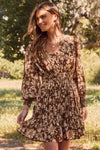 Long Sleeve Floral Print Mini Dress Brown