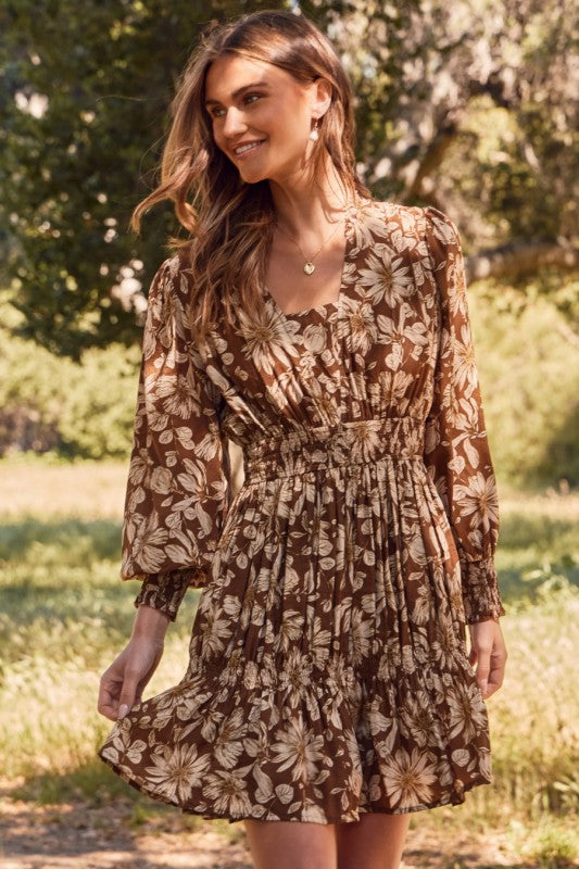 Long Sleeve Floral Print Mini Dress Brown