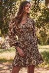 Long Sleeve Floral Print Mini Dress Brown