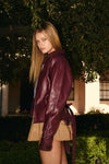 Long Sleeve Waist Tie Vegan Leather Jacket Burgundy
