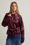 Long Sleeve Waist Tie Vegan Leather Jacket Burgundy
