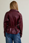 Long Sleeve Waist Tie Vegan Leather Jacket Burgundy