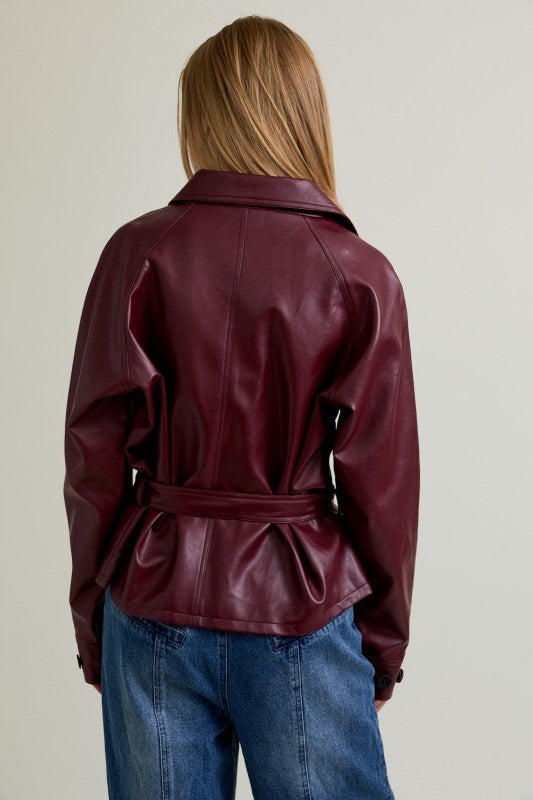 Long Sleeve Waist Tie Vegan Leather Jacket Burgundy