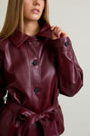 Long Sleeve Waist Tie Vegan Leather Jacket Burgundy