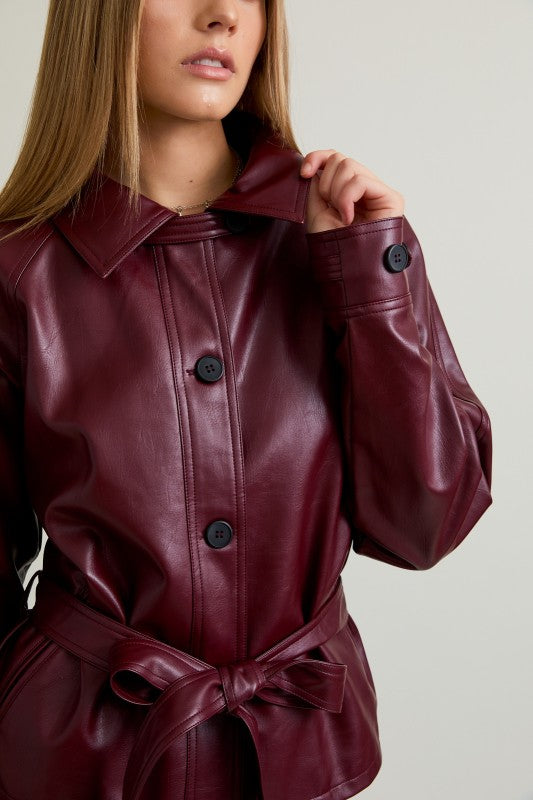 Long Sleeve Waist Tie Vegan Leather Jacket Burgundy