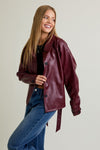Long Sleeve Waist Tie Vegan Leather Jacket Burgundy