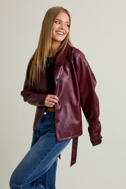 Long Sleeve Waist Tie Vegan Leather Jacket Burgundy